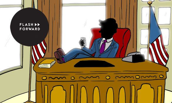 Faceless person sitting at oval office desk
