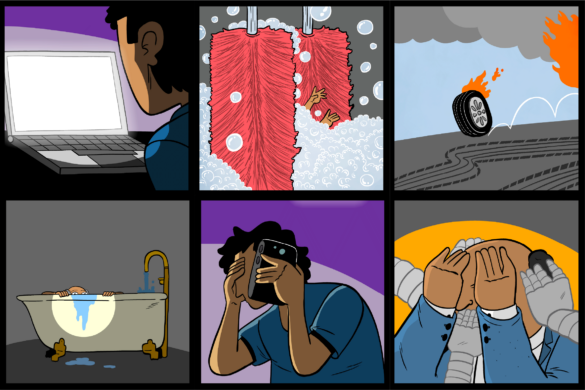 a grid of six images showing a tire on fire, a person in a bathtub, a person looking at a screen and more