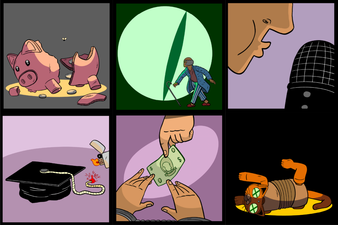 a grid of images showing illustrations of a broken piggy bank, money changing hands, a graduation cap being set on fire, and a dead robot cat
