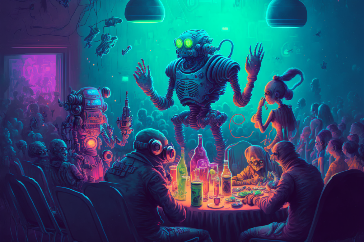 an AI generated image showing a robot standing in front of a table with drinks and lots of characters sitting around
