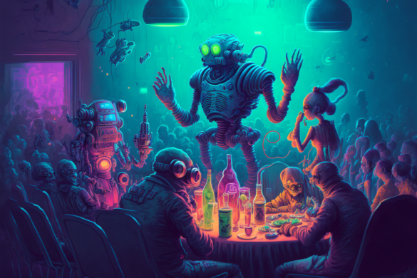 an AI generated image showing a robot standing in front of a table with drinks and lots of characters sitting around